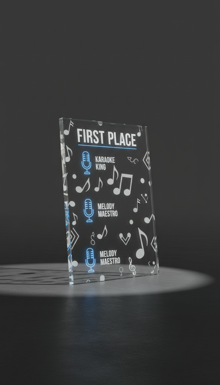 A stylized, oversized leaderboard plaque made of smooth transparent acrylic, back-engraved with first-place and musical note motifs, sits upright against a minimalist slate-gray background. Stark, angled spotlighting from the right produces crisp shadows and illuminates the etched lettering and symbols, causing them to glow subtly against the plaque’s clear surface. The surrounding environment is empty, emphasizing the plaque’s prominence. Shot at eye level with sharp focus and a rule-of-thirds composition, the overall mood is modern and bold, perfectly capturing the competitive spirit of a karaoke challenge leaderboard site.