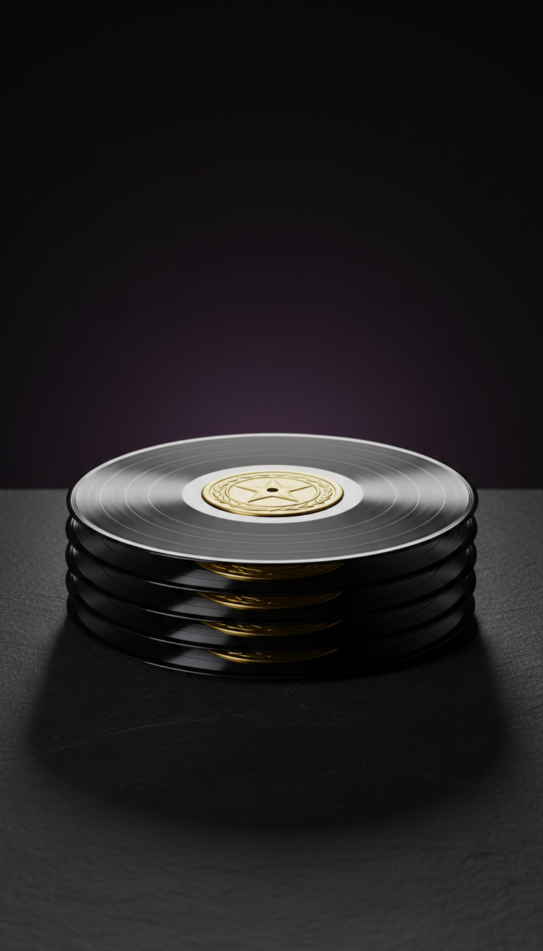 A stack of matte black vinyl records, each embossed with a shiny metallic leader medal in the center, sits precisely aligned on a smooth, dark stone surface. The minimalist background is an unfocused gradient from jet black to deep purple, with hard-edged lighting from behind the stack, producing a halo effect around the uppermost record. The dramatic shadow cast in the foreground adds depth and power. Captured from a slightly elevated angle and focused tightly on the records, the image has a sleek, bold, and photographic minimalist aesthetic, reinforcing the site’s dedication to tracking music game champions.
