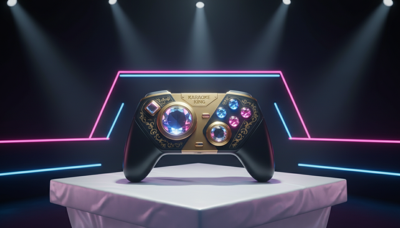 A dramatic gold and black karaoke game controller with illuminated crystal-clear buttons, resting atop a pristine satin-sheen podium. The minimalist setting features a shadowy background with a faint neon edge glow, suggesting a high-energy stage. Pinpoint overhead lighting bathes the controller in sharp highlights, forming defined shadows that accentuate its curves and textures. The image is composed with the controller in the lower third and strong diagonal lines leading toward it, enhancing the feeling of anticipation and boldness. The photographic style and clean, futuristic aesthetic reflect the vibrant thrill of karaoke competition tracking.